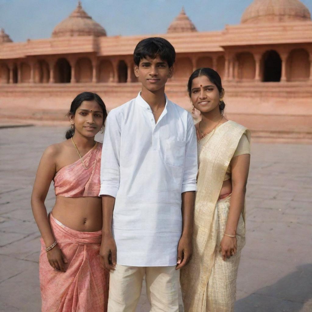 A 16 year old Indian boy dressed in a Dhoti and shirt paired with a girl in a saree, in the backdrop of the Ram Mandir.