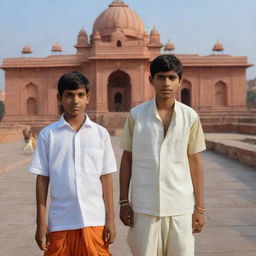 A 16 year old Indian boy dressed in a Dhoti and shirt paired with a girl in a saree, in the backdrop of the Ram Mandir.