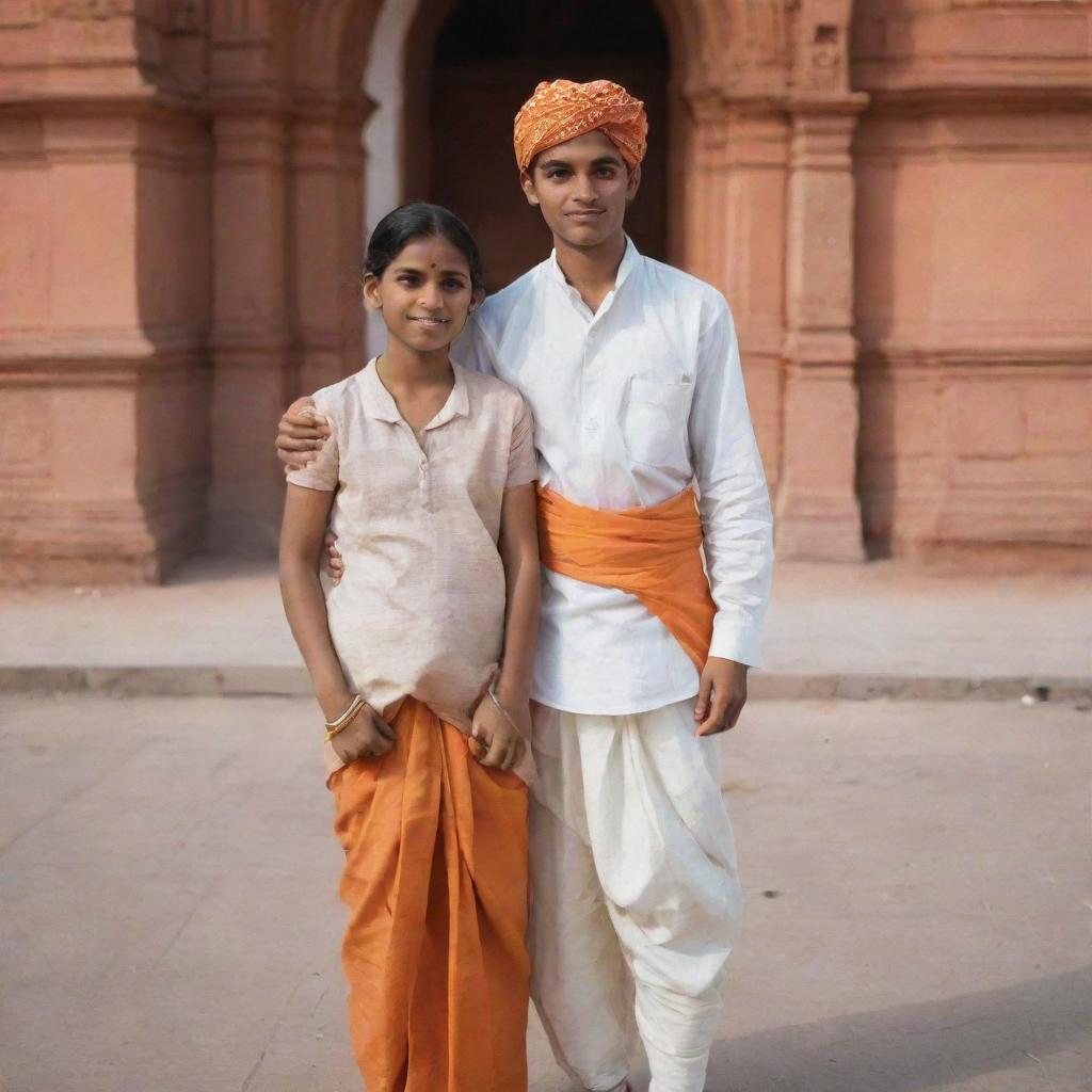 A 16 year old Indian boy dressed in a Dhoti and shirt paired with a girl in a saree, in the backdrop of the Ram Mandir.