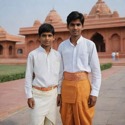 A 16 year old Indian boy dressed in a Dhoti and shirt paired with a girl in a saree, in the backdrop of the Ram Mandir.