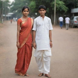 A 16 year old boy dressed in a dhoti and kurta, accompanied by a girl in a saree.