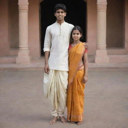 A 16 year old boy dressed in a dhoti and kurta, accompanied by a girl in a saree.