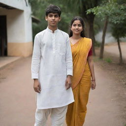 A 16 year old boy dressed in a dhoti and kurta, accompanied by a girl in a saree.