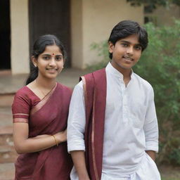 A 16 year old boy dressed in a dhoti and kurta, accompanied by a girl in a saree.