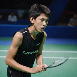 A young boy holding a Li-Ning brand badminton racket, poised in action mid-game, with an intense focus in his eyes.