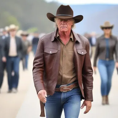 The trail boss strutted down the runway, wearing a stylish cowboy hat and a bespoke leather jacket.