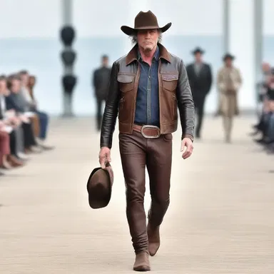 The trail boss strutted down the runway, wearing a stylish cowboy hat and a bespoke leather jacket.