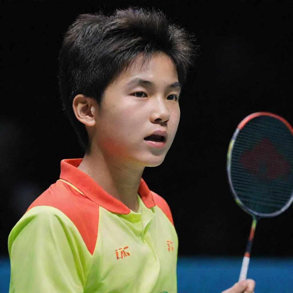 A young boy holding a Li-Ning brand badminton racket, poised in action mid-game, with an intense focus in his eyes.