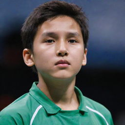 A young boy holding a Li-Ning brand badminton racket, poised in action mid-game, with an intense focus in his eyes.