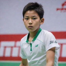 A young boy holding a Li-Ning brand badminton racket, poised in action mid-game, with an intense focus in his eyes.