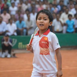 An Indian boy grasping a Li-Ning badminton racket, prepared to swing in the midst of an energetic rally. His traditional sports attire echoes his proud heritage.