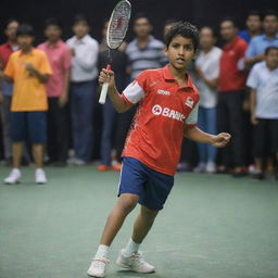 An Indian boy grasping a Li-Ning badminton racket, prepared to swing in the midst of an energetic rally. His traditional sports attire echoes his proud heritage.