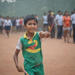 An Indian boy grasping a Li-Ning badminton racket, prepared to swing in the midst of an energetic rally. His traditional sports attire echoes his proud heritage.