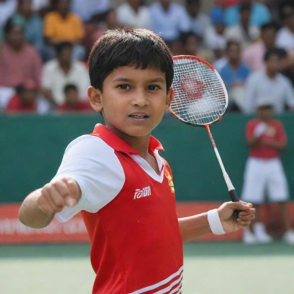 An Indian boy grasping a Li-Ning badminton racket, prepared to swing in the midst of an energetic rally. His traditional sports attire echoes his proud heritage.