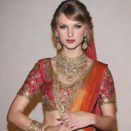 Taylor Swift wearing traditional Indian attire, beautifully adorned with colorful details and jewelry.