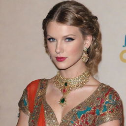 Taylor Swift wearing traditional Indian attire, beautifully adorned with colorful details and jewelry.