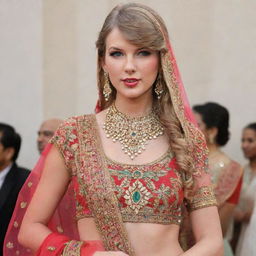 Taylor Swift wearing traditional Indian attire, beautifully adorned with colorful details and jewelry.