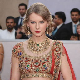 Taylor Swift wearing traditional Indian attire, beautifully adorned with colorful details and jewelry.