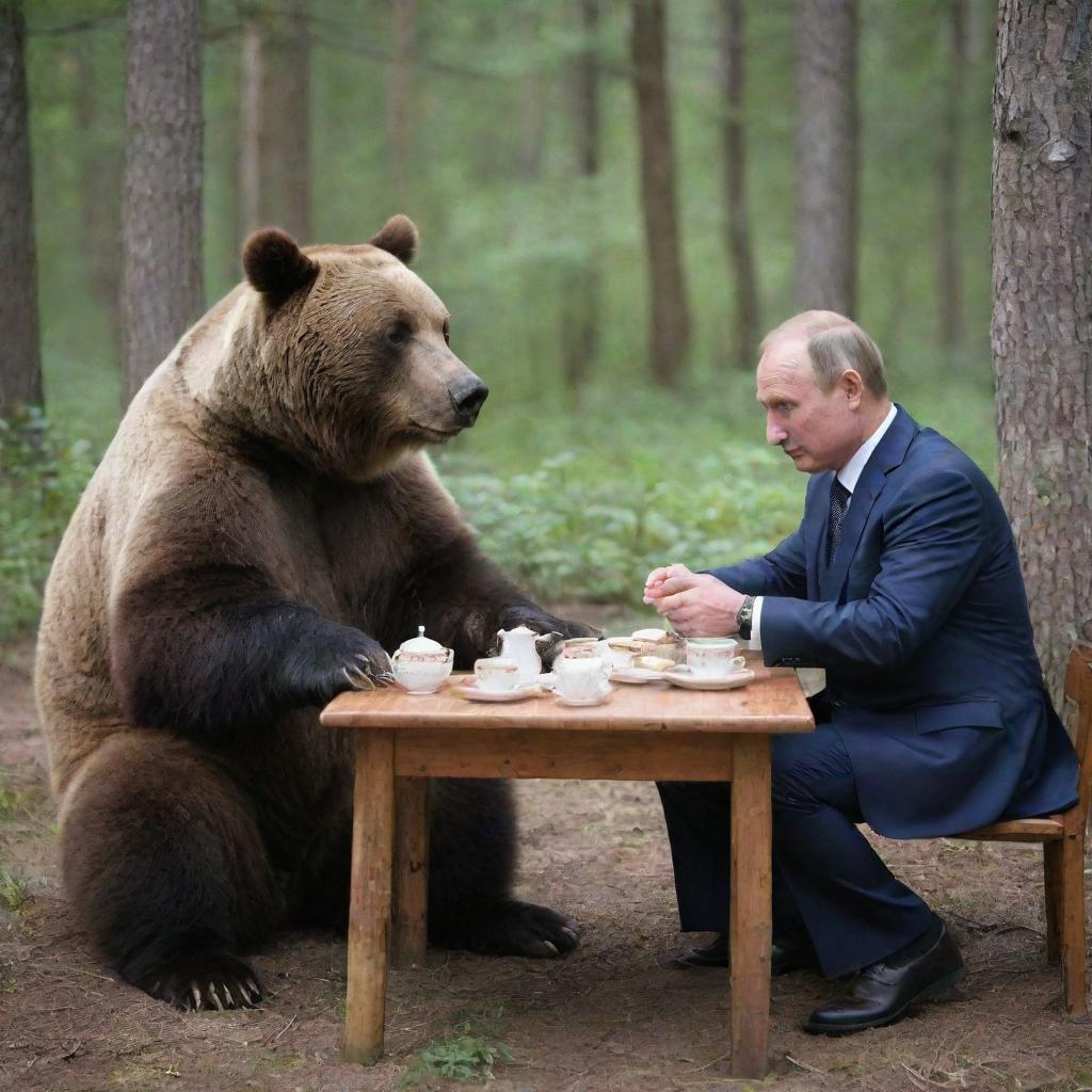 Russian President Vladimir Putin sitting at a rustic wooden table, having a friendly tea party with a large but gentle brown bear in a serene forest setting.