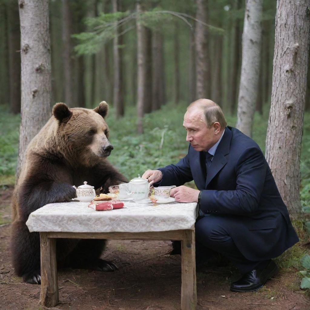 Russian President Vladimir Putin sitting at a rustic wooden table, having a friendly tea party with a large but gentle brown bear in a serene forest setting.