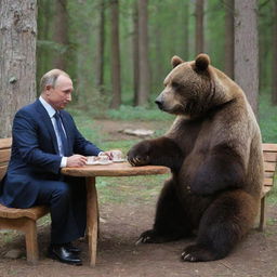 Russian President Vladimir Putin sitting at a rustic wooden table, having a friendly tea party with a large but gentle brown bear in a serene forest setting.