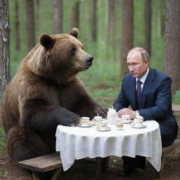 Russian President Vladimir Putin sitting at a rustic wooden table, having a friendly tea party with a large but gentle brown bear in a serene forest setting.