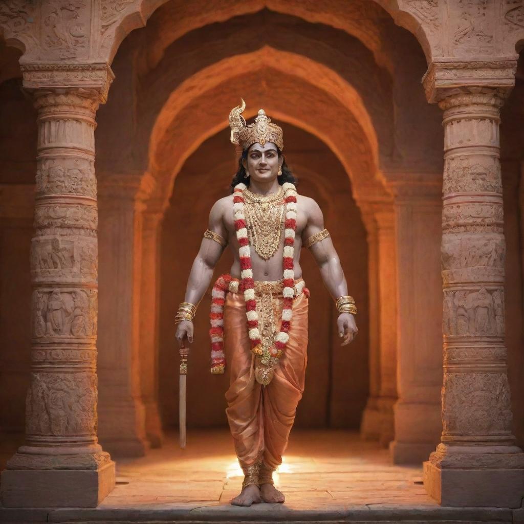 Shree Ram, adorned in majestic royal attire, momentously entering the beautifully lit Ram Mandir, with intricately carved stone pillars and arches.