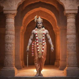 Shree Ram, adorned in majestic royal attire, momentously entering the beautifully lit Ram Mandir, with intricately carved stone pillars and arches.