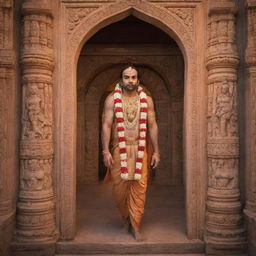 Shree Ram, adorned in majestic royal attire, momentously entering the beautifully lit Ram Mandir, with intricately carved stone pillars and arches.