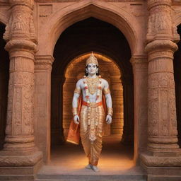 Shree Ram, adorned in majestic royal attire, momentously entering the beautifully lit Ram Mandir, with intricately carved stone pillars and arches.