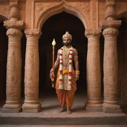 Shree Ram, adorned in majestic royal attire, momentously entering the beautifully lit Ram Mandir, with intricately carved stone pillars and arches.