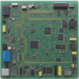 A circuit board in bright and airy colors of light green, light blue, and light yellow, with intricate wiring and component layout