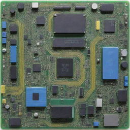 A circuit board in bright and airy colors of light green, light blue, and light yellow, with intricate wiring and component layout