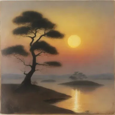 The painting depicted a serene landscape with an unawakened sun slowly rising over the horizon.