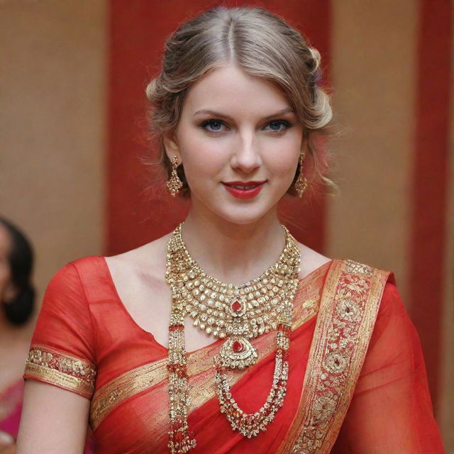 Taylor Swift adorned in a vibrant red saree, complemented by heavy Indian jewelry. She is smiling warmly, with sindoor in her hair parting and a decorative bindi on her forehead.