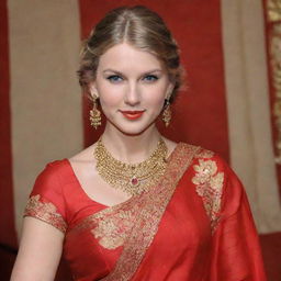 Taylor Swift adorned in a vibrant red saree, complemented by heavy Indian jewelry. She is smiling warmly, with sindoor in her hair parting and a decorative bindi on her forehead.