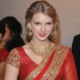 Taylor Swift adorned in a vibrant red saree, complemented by heavy Indian jewelry. She is smiling warmly, with sindoor in her hair parting and a decorative bindi on her forehead.