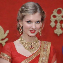 Taylor Swift adorned in a vibrant red saree, complemented by heavy Indian jewelry. She is smiling warmly, with sindoor in her hair parting and a decorative bindi on her forehead.