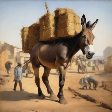 In this painting, the artist portrays a humble donkey carrying a heavy load, symbolizing the workhorse of society.