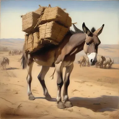 In this painting, the artist portrays a humble donkey carrying a heavy load, symbolizing the workhorse of society.