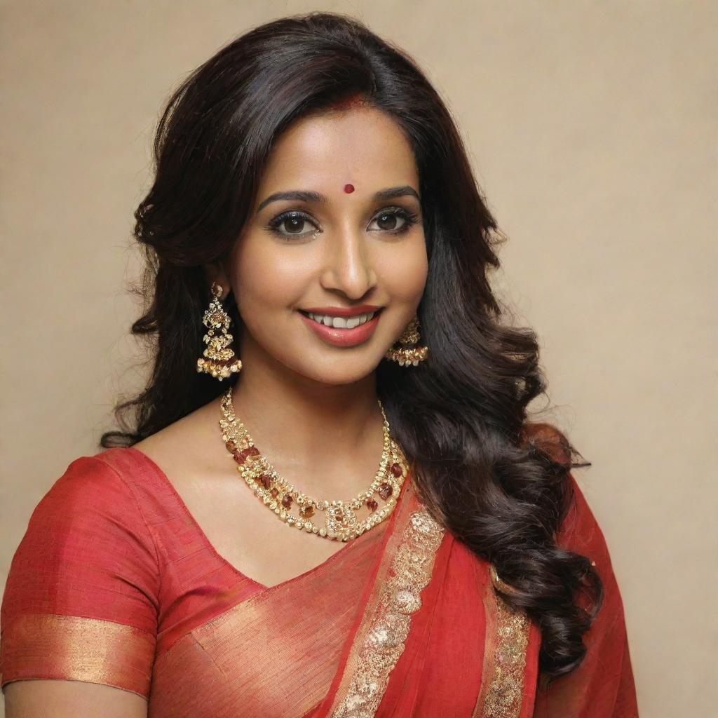 Shreya Ghoshal dressed in a stunning red saree, accentuated with heavy Indian jewelry. She is wearing sindoor in her hair parting, a gorgeous bindi on her forehead, and is smiling radiantly.