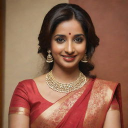 Shreya Ghoshal dressed in a stunning red saree, accentuated with heavy Indian jewelry. She is wearing sindoor in her hair parting, a gorgeous bindi on her forehead, and is smiling radiantly.