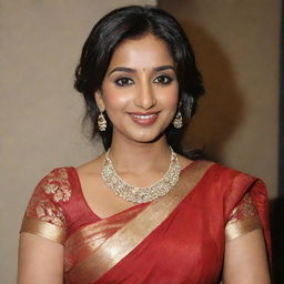 Shreya Ghoshal dressed in a stunning red saree, accentuated with heavy Indian jewelry. She is wearing sindoor in her hair parting, a gorgeous bindi on her forehead, and is smiling radiantly.