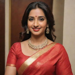 Shreya Ghoshal dressed in a stunning red saree, accentuated with heavy Indian jewelry. She is wearing sindoor in her hair parting, a gorgeous bindi on her forehead, and is smiling radiantly.