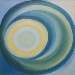 A painting featuring intertwined and overlapping circles in hues of blue, green, and light yellow, creating a sense of flow and motion