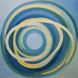 A painting featuring intertwined and overlapping circles in hues of blue, green, and light yellow, creating a sense of flow and motion