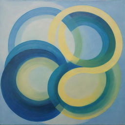 A painting featuring intertwined and overlapping circles in hues of blue, green, and light yellow, creating a sense of flow and motion