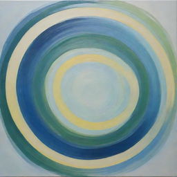 A painting featuring intertwined and overlapping circles in hues of blue, green, and light yellow, creating a sense of flow and motion