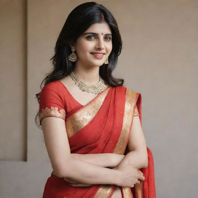 Sanjana Sanghi elegantly draped in a vibrant red saree, embellished with voluminous Indian jewelry. She radiates joy with sindoor on her hair parting, a striking bindi on her forehead, and a brilliant smile.