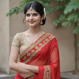 Sanjana Sanghi elegantly draped in a vibrant red saree, embellished with voluminous Indian jewelry. She radiates joy with sindoor on her hair parting, a striking bindi on her forehead, and a brilliant smile.